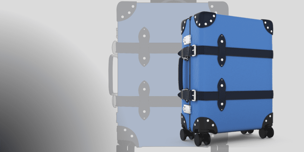 Header with a 2D visual and 3D rendering of a Globe Trotter suitcase